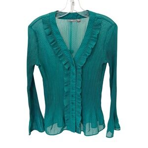 Apt. 9 Teal Polka Dot Plisse Ruffle Button Front Bell Sleeve Blouse Y2K MEDIUM